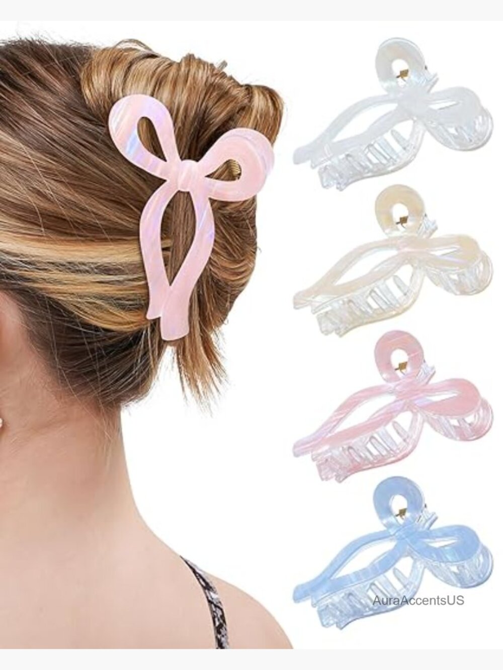 4 Pack Large Bow Hair Claw Clips for Women - Non Slip Acrylic Hair Grip